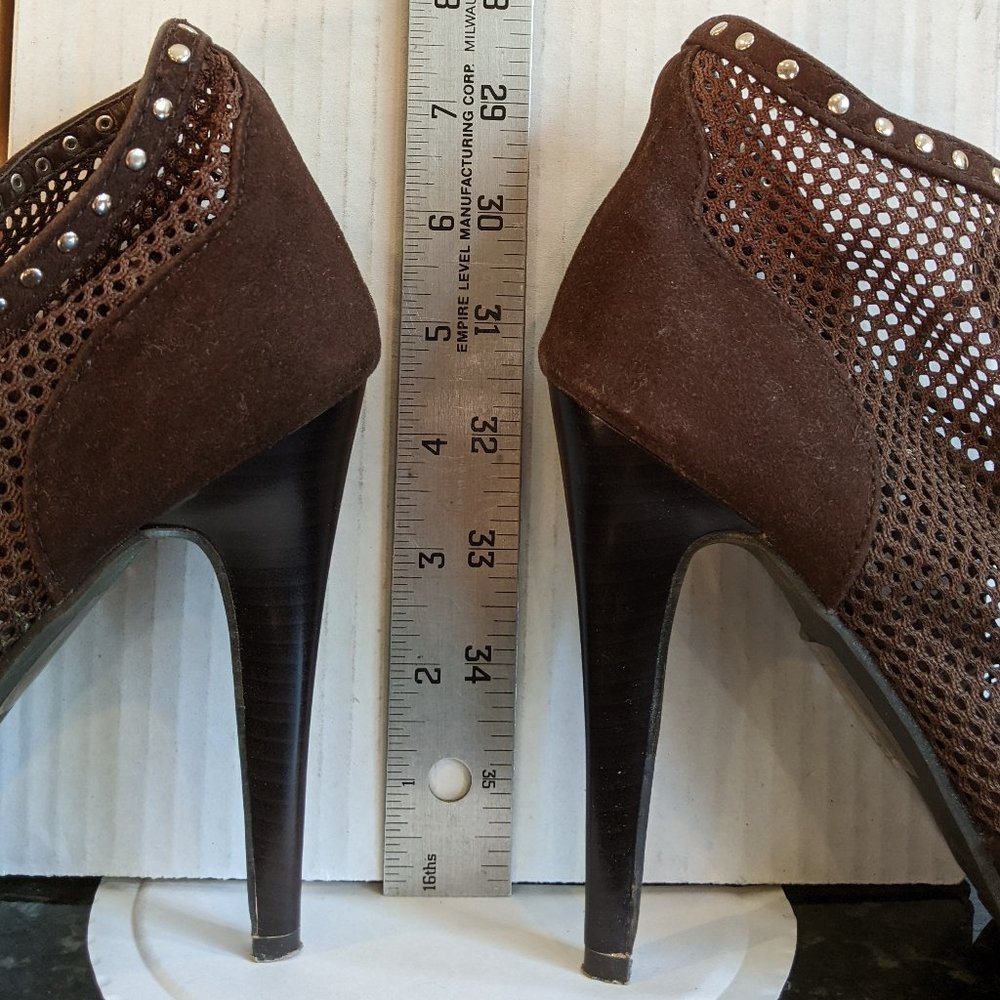 Sacred Heart Chocolate Brown Suede/Mesh high heel platform peeptoe shoes, Size 6